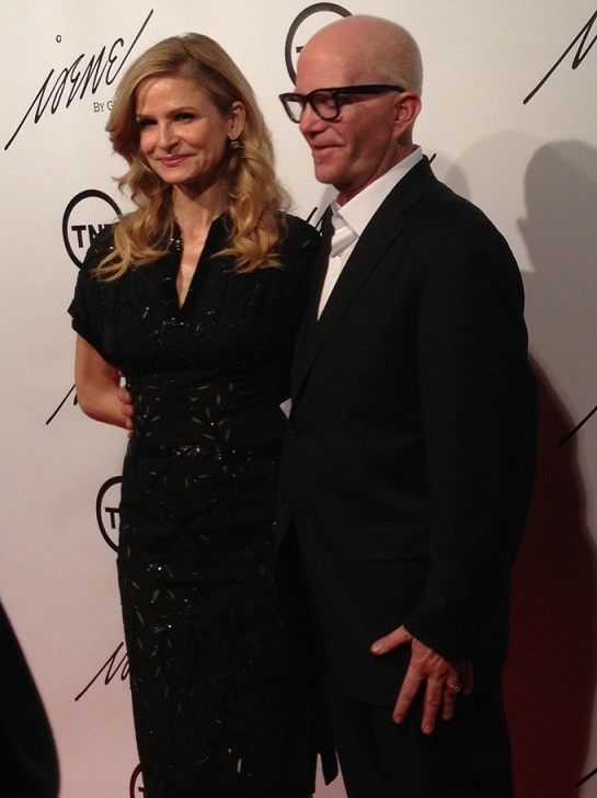 Kyra Sedgwick on the red carpet in an original Irene with designer Greg LaVoi