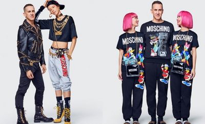 Jeremy Scott of Moschino poses with models in the Moschino x H&M collection