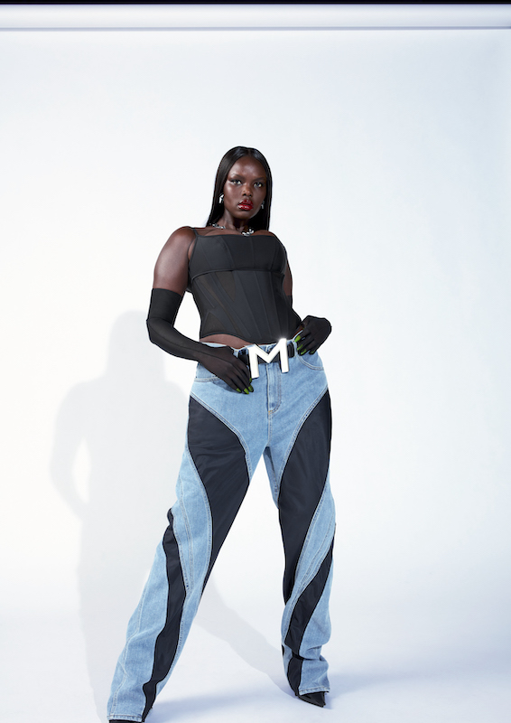 Thierry Mugler for H&M blue jeans with black contrast panels.