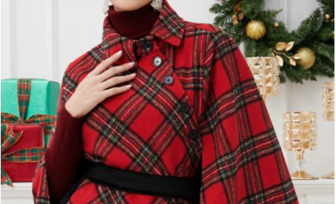 Button Wrap Tie Sash Tartan Cape Coat in Red