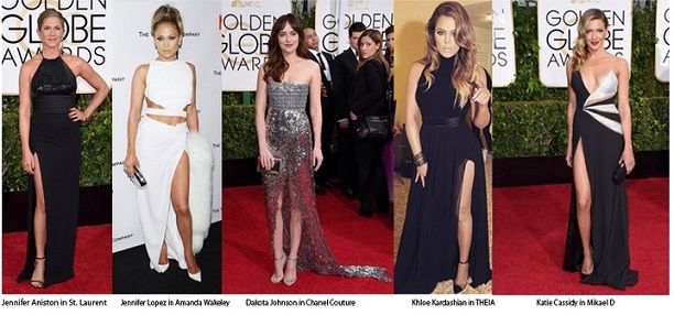 Dresses with thigh-high slits were very popular at the Globes on the red carpet and at the after parties.