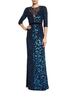 Jenny Packham 3/4-Sleeve Sequined Gown, Petrol