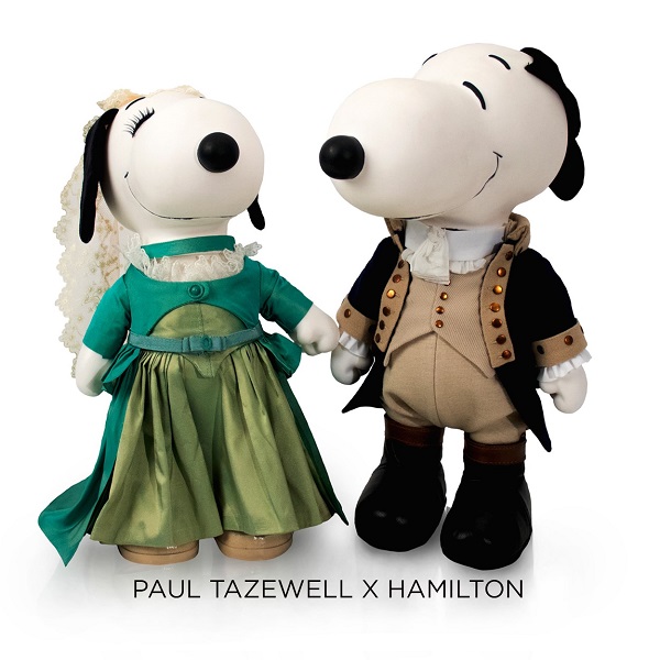 Snoopy & Belle dressed in Hamilton costumes.