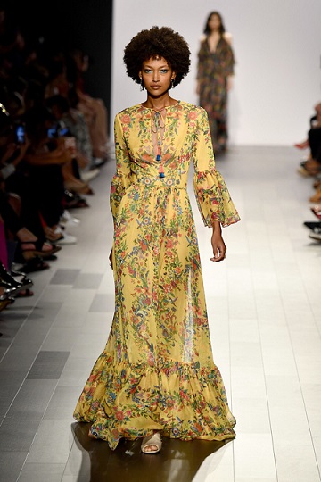  yellow maxi dress with floral print and ruffled hem from the Tadashi Shoji Spring