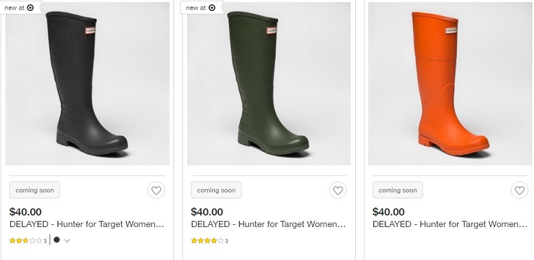 Hunter x Target Tall Boots have been announced as delayed at Target. 